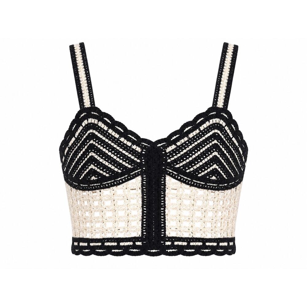 Jason Wu Black Cream Crochet Knit Boho Designer Crop Top - 2